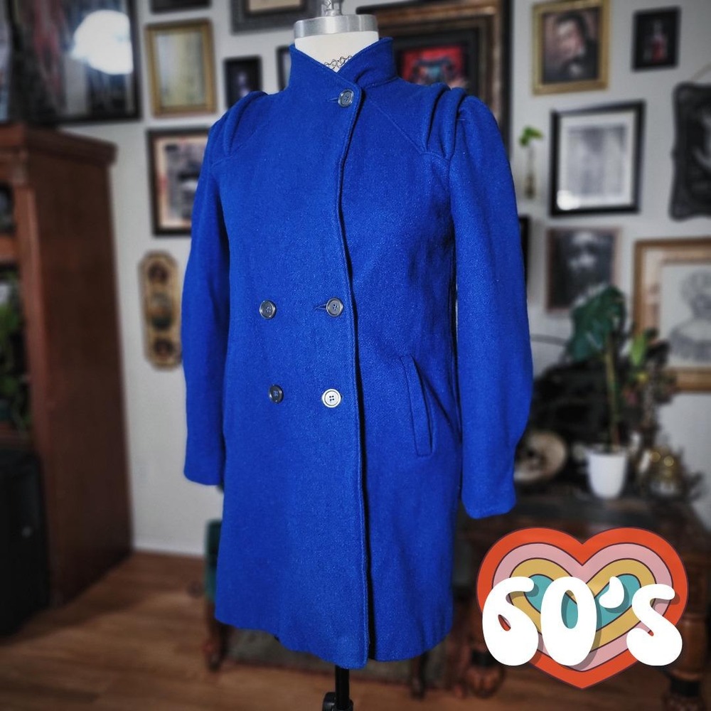 Vintage 60s Betsy B Blue Wool Coat Double Breasted Mod Jacket Womens Union Made